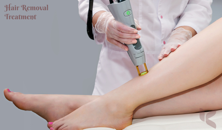 A woman undergoing laser hair treatment, using an electric hair removal device on her legs.