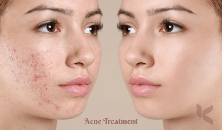 A women side by side ,one with acne and the other with improved skin texture in after acne treatment