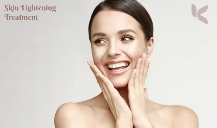 A woman promotes skin-lightening treatments by using her hands to demonstrate skin whitening.