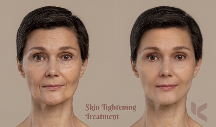 A woman's skin before and after the best skin tightening improvement in skin texture and firmness.